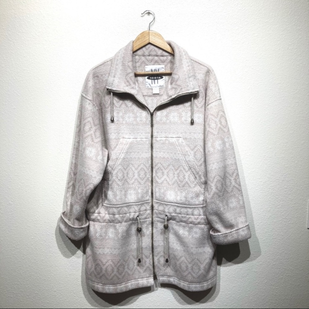 Vintage Aztec white & cream fleece long coat with drawstrings